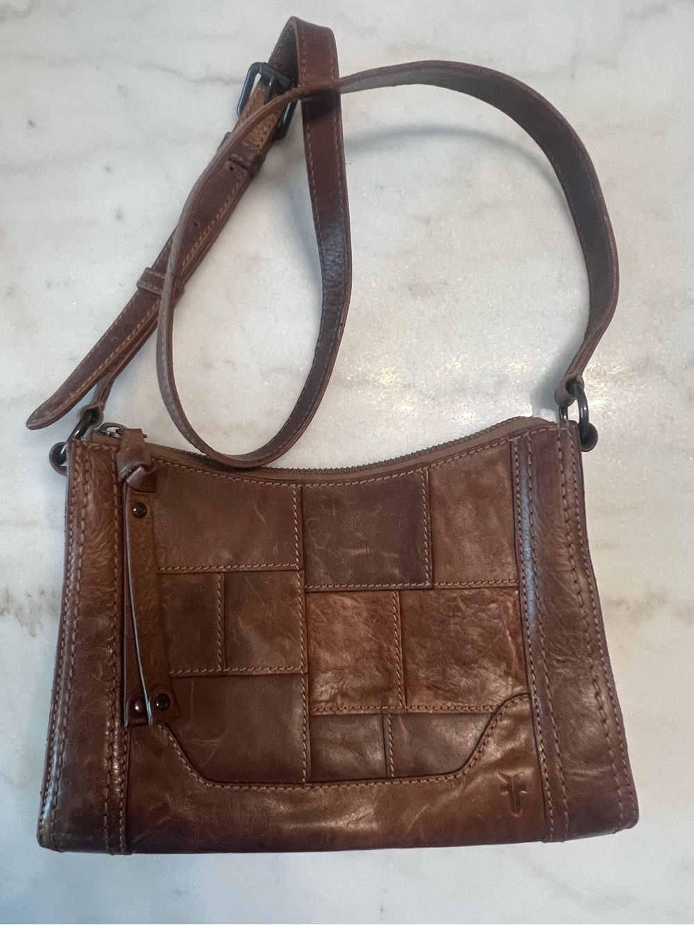 FRYE Melissa Zip Crossbody Brown Patchwork Leather Bag